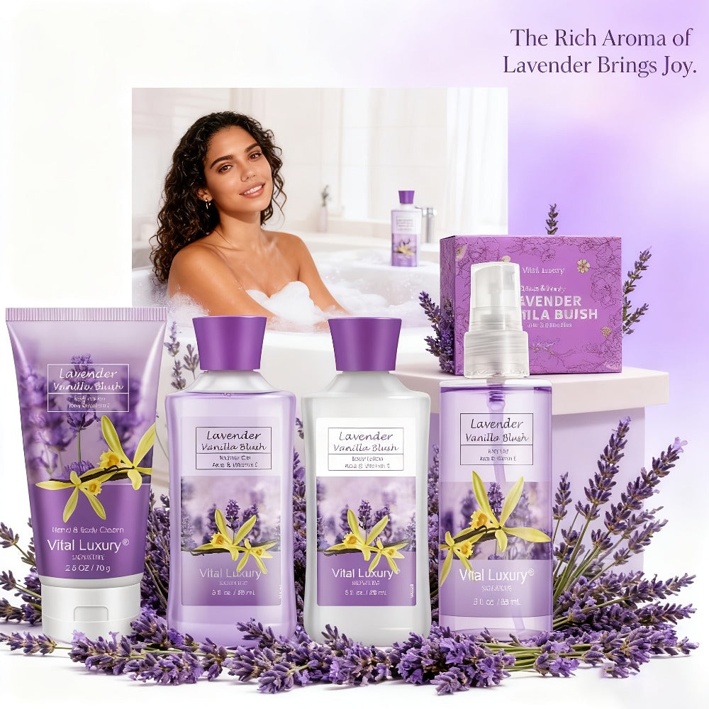 Luxury Bath Gift Set for Women 4pcs Lavender Vanilla Body Care Kit Shower Gel Body Lotion Body Cream Fragrance Mist for Mom Wife Girlfriend All Skin Types