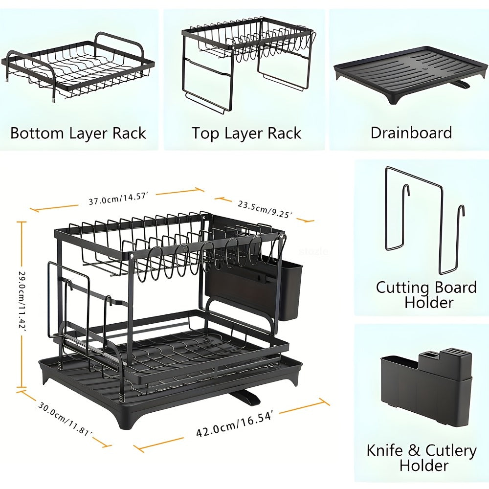 Two-Tier Dish Drying Rack with Drainboard - Metal Kitchen Dish Holder with Drainage for Countertop, Two-Level Dish Drainer for Plates, Cups & Utensils, Single or Double Layer, Black White Gray