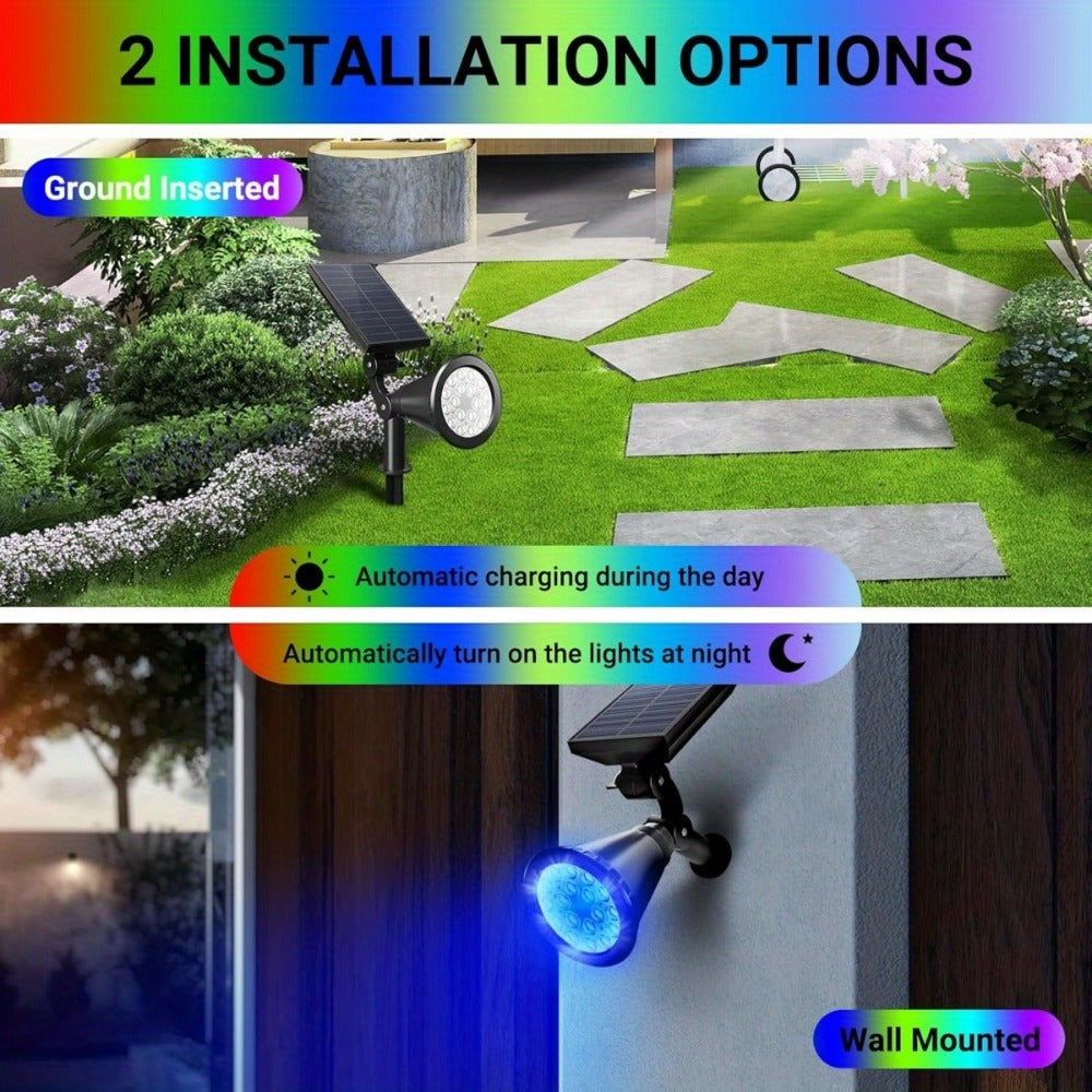 Solar Landscape Lights 2-in-1 Wall & Ground ¨C Independent Adjustable Solar Panel Auto On/Off | 8 Color Modes Outdoor Solar Spotlight for Garden, Driveway, Sidewalk & Pool Area | IP44 Waterproof