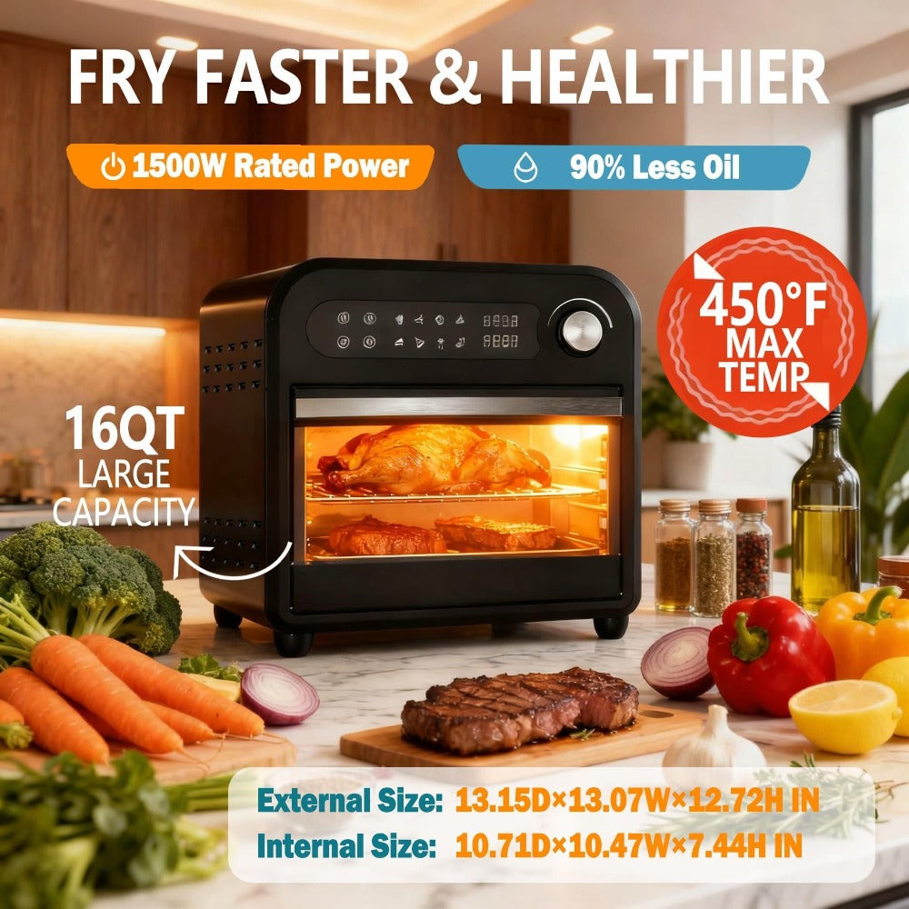 Air Fryer Toaster Oven Combo 15QT Extra Large, 360¡ã Convection, LED Digital Display, Precise Temperature Control ¨C Stainless Steel Interior, 5 Accessories, Healthy Low-Oil Cooking for Family Kitchen