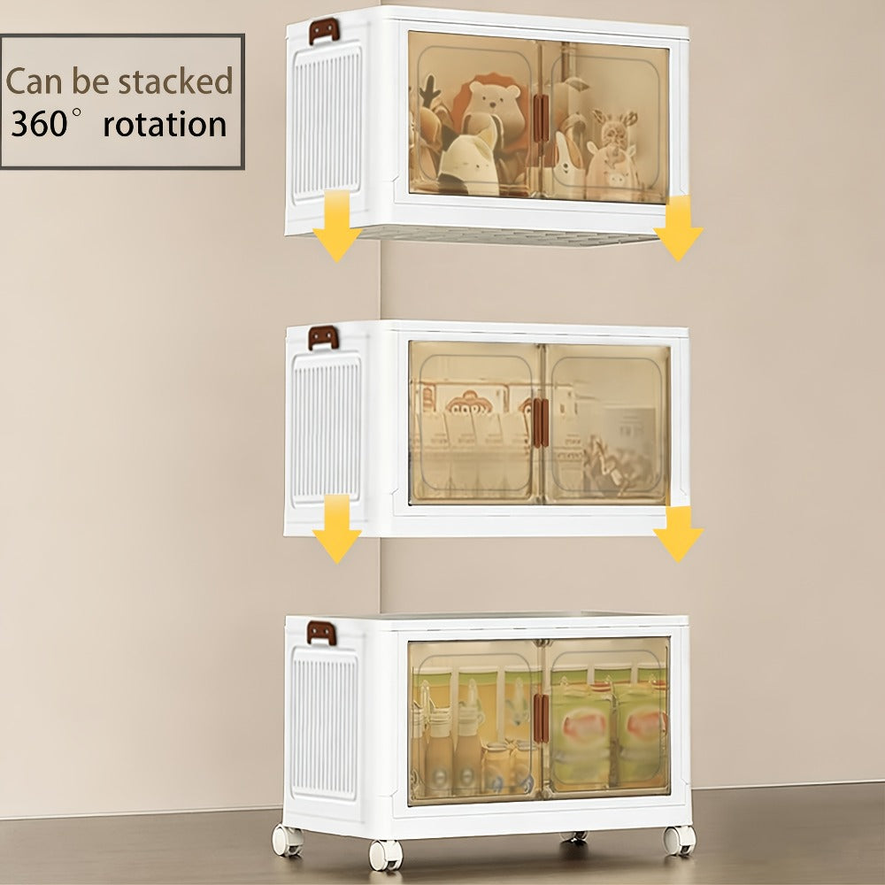 Stackable Foldable Storage Cabinet with Door ¨C PP Plastic 1/2/3/4/5 Layer Organizer Box with Wheels & Cover | Dual-Access Home Storage for Clothes, Books, Snacks & Kitchen Supplies | Office & Garage