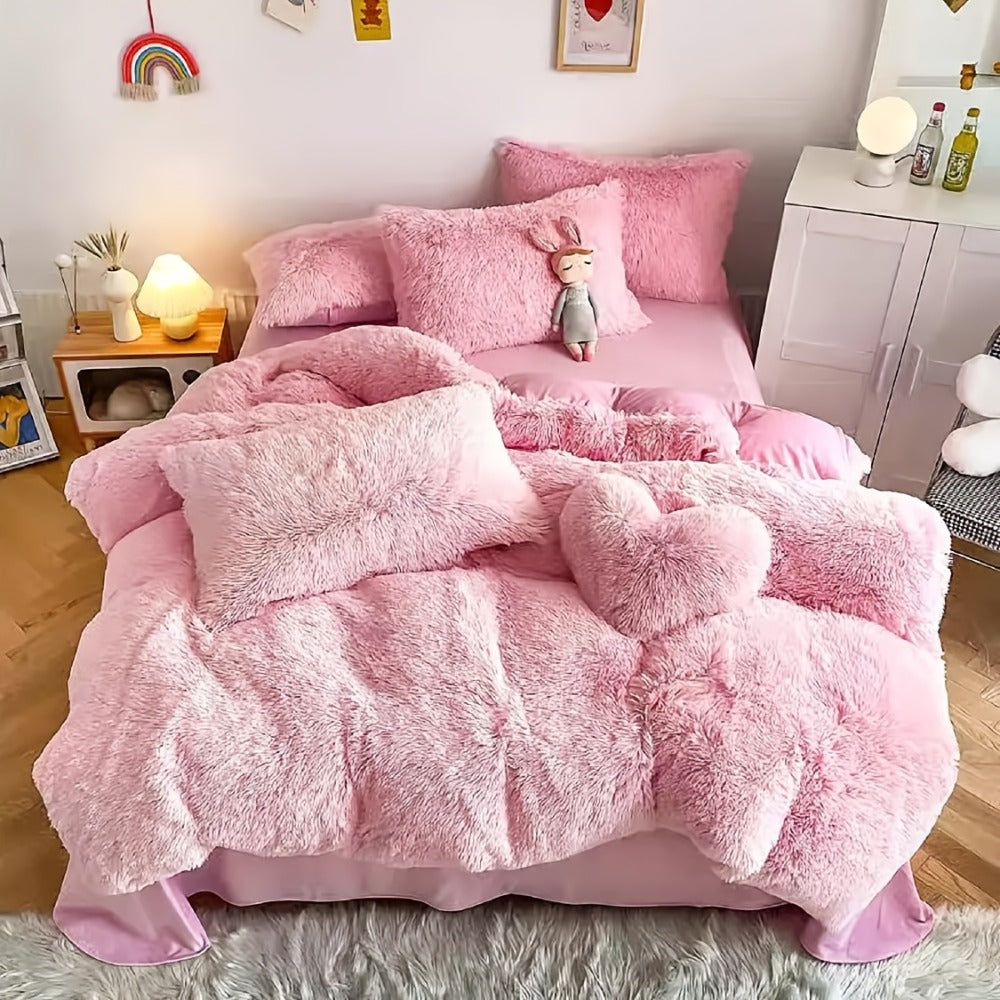 Faux Fur Duvet Cover Set Twin Queen King Super Soft Plush Comforter Cover with Pillowcases Heart Pillow for Kids Teens Machine Washable Bedroom Decor