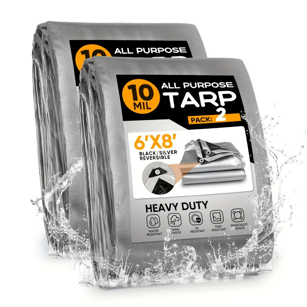 Heavy Duty Waterproof Tarp 2-Pack 10Mil 150GSM Black Silver ¨C Tear-Proof Polyethylene Cover with Reinforced Grommets for Roof Pool Boat Car Camping & Outdoor