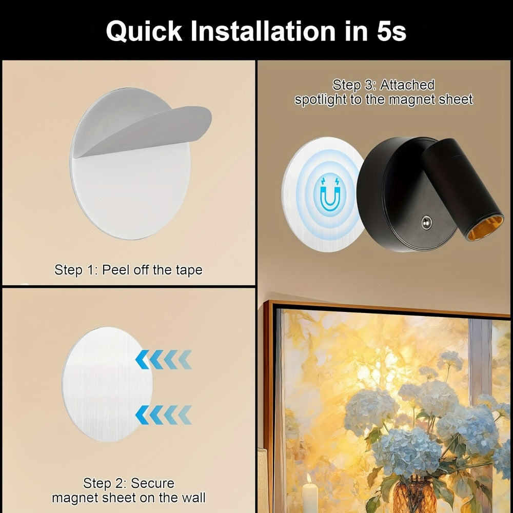Rechargeable Indoor Spotlight LED ¨C 3-Color Dimmable with Remote & Timer, 350¡ã Adjustable, 2500mAh Battery, Magnetic Base Wall Accent Light for Pictures, Plants & Artwork (White / Black, 1 or 2 Pack)