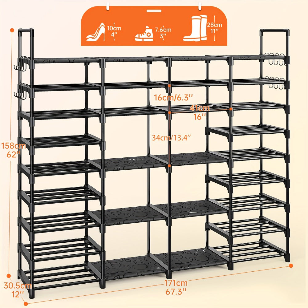 Metal Shoe Rack Organizer 4 Row 6 & 9 Tier Black | Heavy Duty Freestanding Shoe Tower Storage Shelf for Entryway Bedroom Living Room Holds 45-72 Pairs
