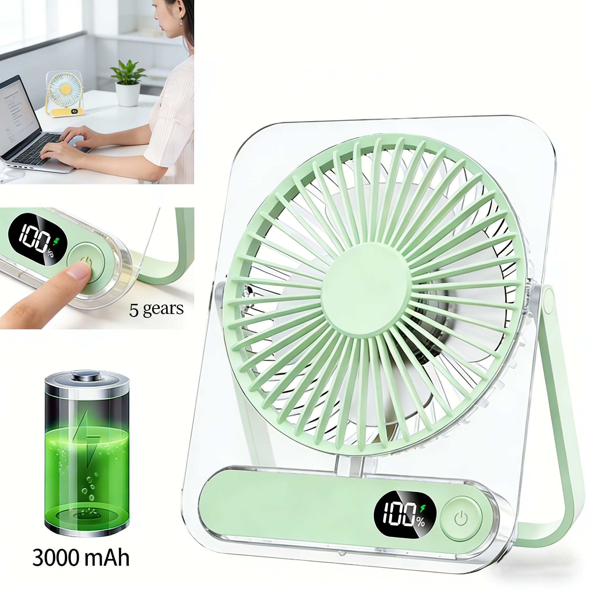 Portable USB Desktop Fan 3000mAh Battery, Ultra-Quiet 5-Speed Foldable Fan with 180¡ã Adjustable Tilt and Digital Power Display, Small Personal Cooling Fan for Home, Office and Travel