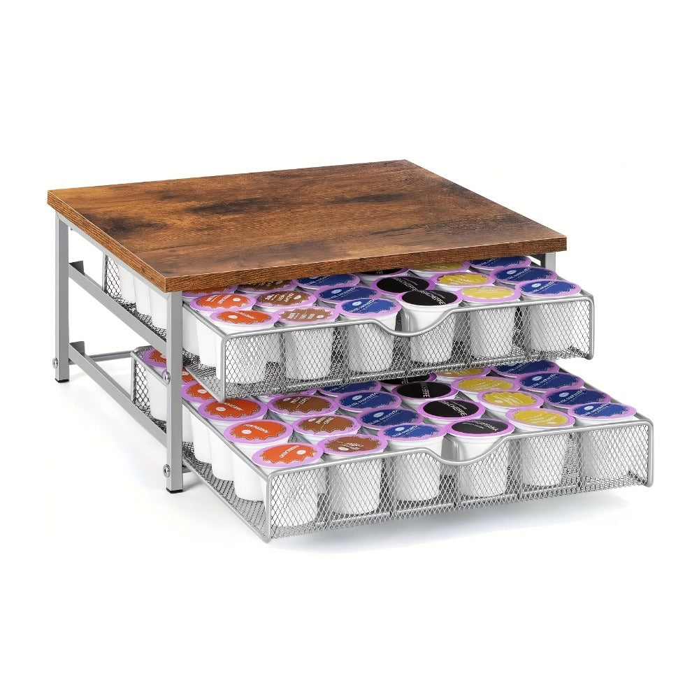 K-Cup Coffee Pod Holder 72 Capacity ¨C 2-Tier Sliding Drawer Coffee Pod Organizer with Wood Top & Metal Frame, Non-Slip Base, Stackable Countertop Storage for Home, Office & Cafe ¨C Silver