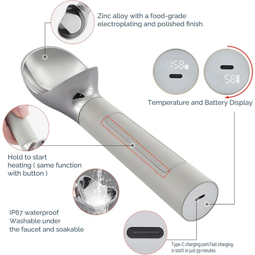 Heated Electric Ice Cream Scoop ¨C USB-C Rechargeable with 3 Temperature Levels up to 158¡ãF, Touch-Activated, IPX7 Waterproof, LED Display, Food Grade Stainless Steel, Ergonomic Design for Hard Ice Cream