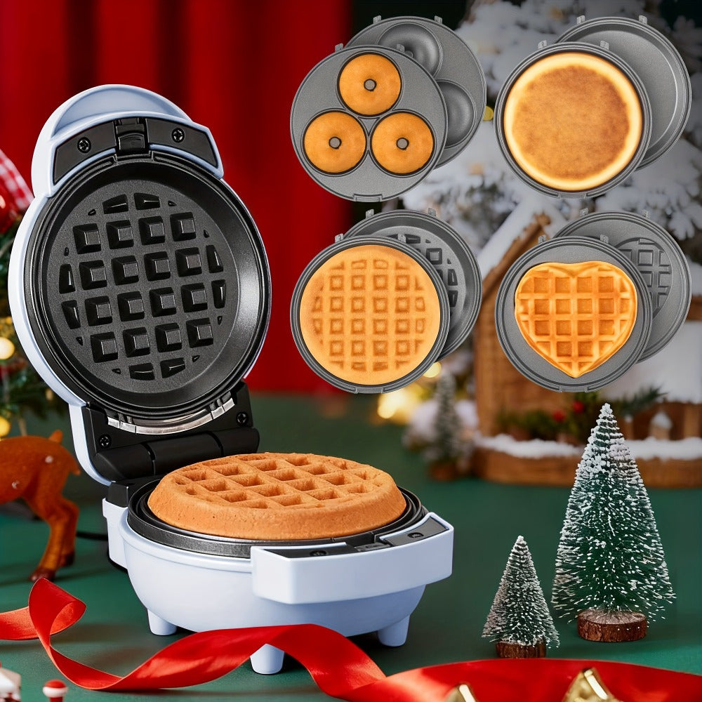 Mini Waffle Maker 4-in-1 with Removable Plates ¨C Waffle, Pancake, Donut & Heart Shape, Non-Stick, Easy Clean, Recipe Included, Compact Breakfast Maker for Home