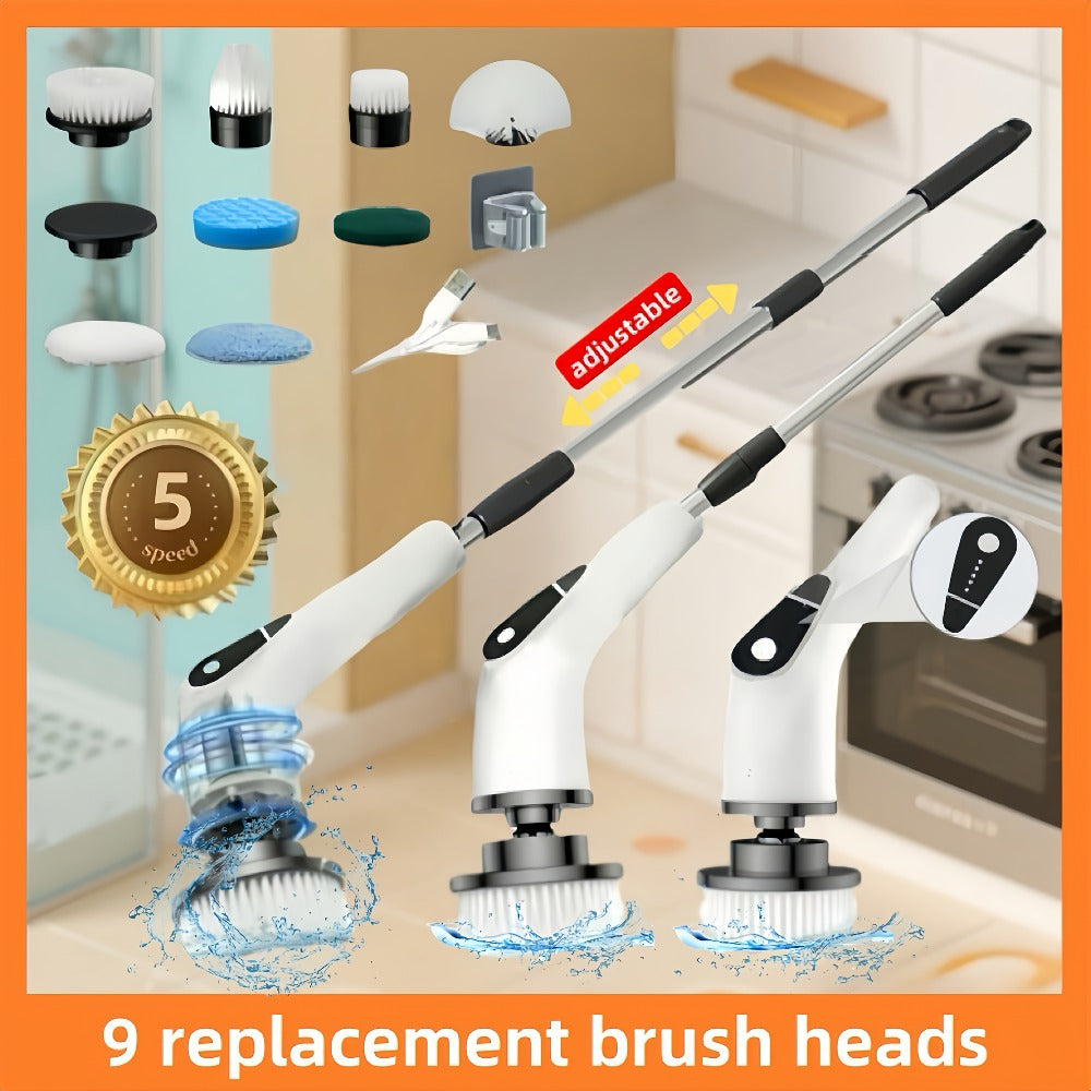 Electric Spin Scrubber with 9 Interchangeable Brush Heads 5 Speed Settings & 3 Extendable Handles - Power Scrubber for Bathroom Kitchen Tile Floor Carpet, Cordless Rotary Cleaning Brush Green White