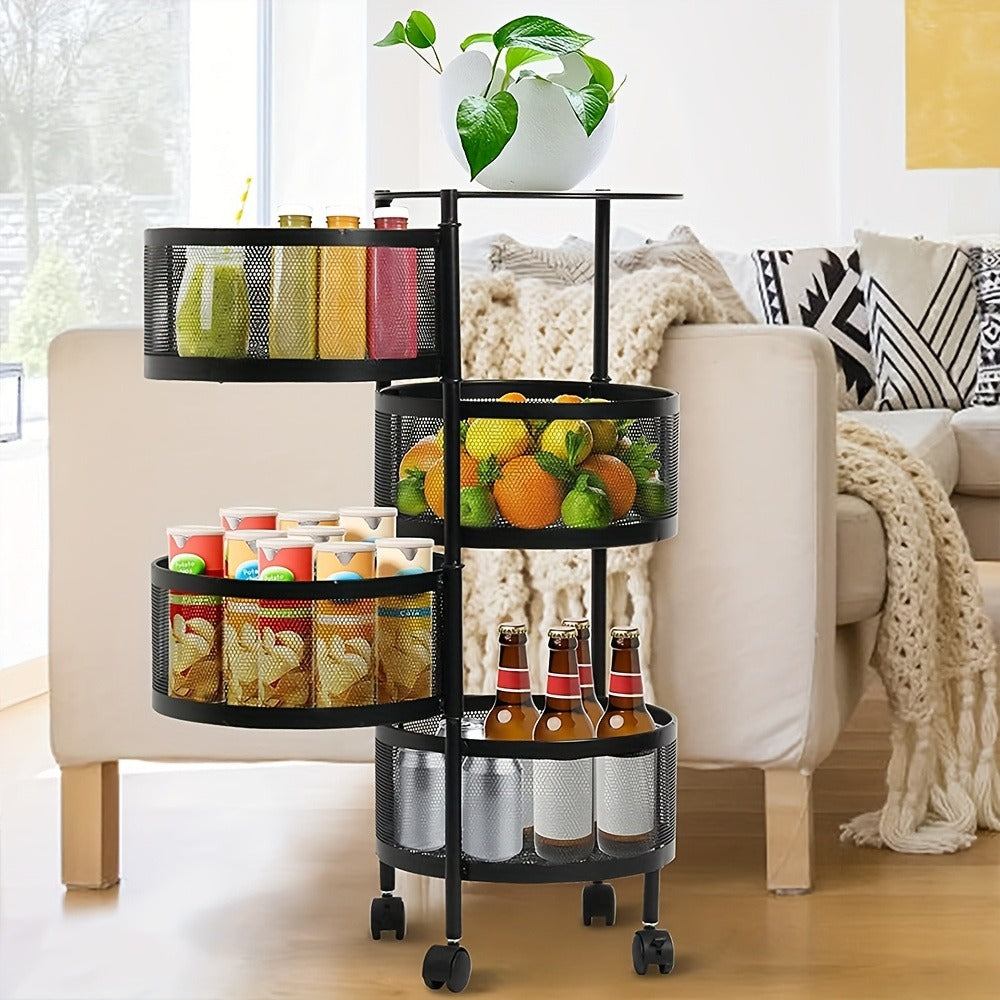 Rotating Storage Rack Multi-Tier Rolling Cart ¨C 360¡ã Swivel Round Floor Standing Organizer with 4 or 5 Layers, Vegetable Basket & File Rack for Kitchen, Bathroom, Office & Living Room (Black / White)