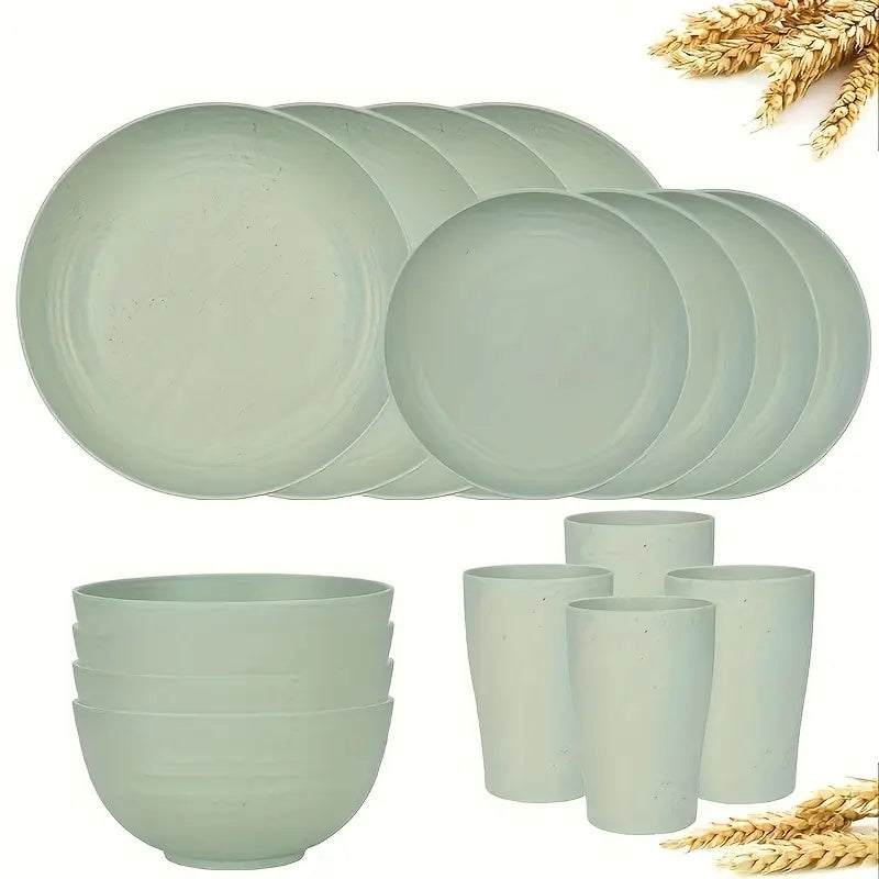 Wheat Straw Dinnerware Set 16 or 32 Piece ¨C Plates & Bowls for 4 or 8 People, Microwave & Dishwasher Safe Plastic Dish Set, Lightweight Colorful Tableware for Home, Party & Holiday