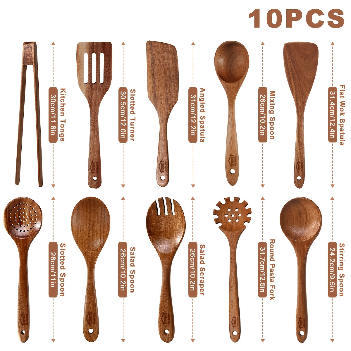 Wooden Spoons for Cooking 10 Pcs ¨C Teak Wood Kitchen Utensils Set, Non-Stick Safe Spatulas & Spoon Cooking Tools