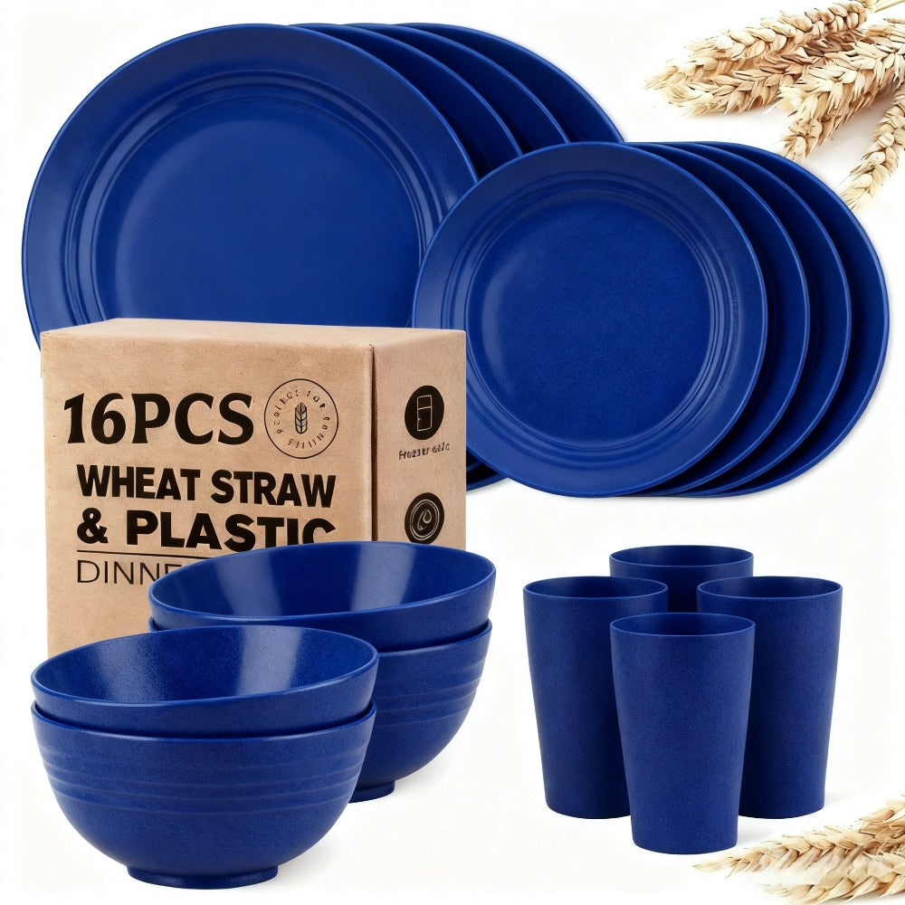 Wheat Straw Dinnerware Set 16 or 32 Piece ¨C Plates & Bowls for 4 or 8 People, Microwave & Dishwasher Safe Plastic Dish Set, Lightweight Colorful Tableware for Home, Party & Holiday