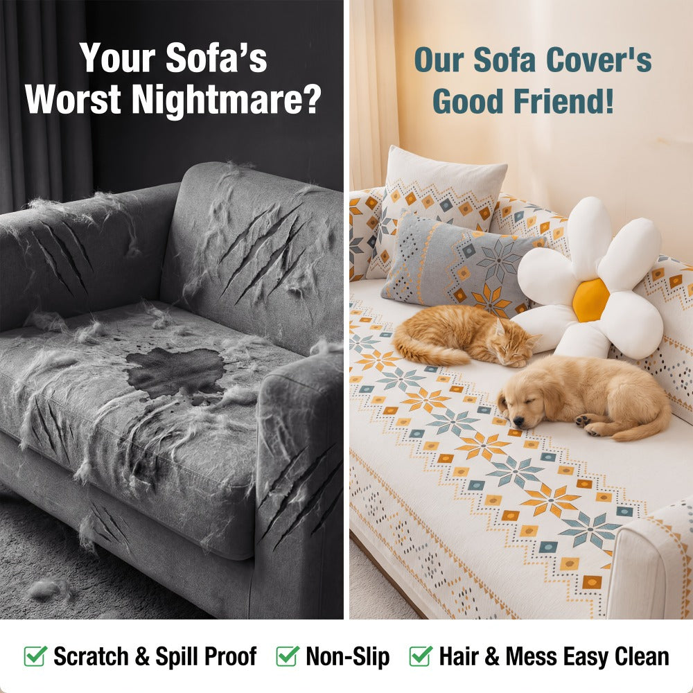 Chenille Sofa Cover Bohemian Style 1pc - Ethnic Pattern Anti-Slip Cat Scratch Resistant Skin-Friendly Couch Slipcover | 2 3 4 Seat Sizes White Green | Living Room Bedroom Office Sofa Cushion Cover Home Decor
