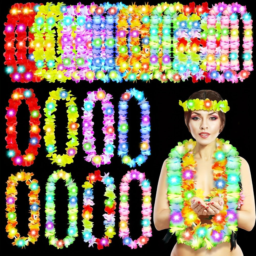 Light Up Hawaiian Lei Necklace 26pcs LED Flower Leis Glow Necklaces for Luau Party Beach Party Tropical Costume Accessories