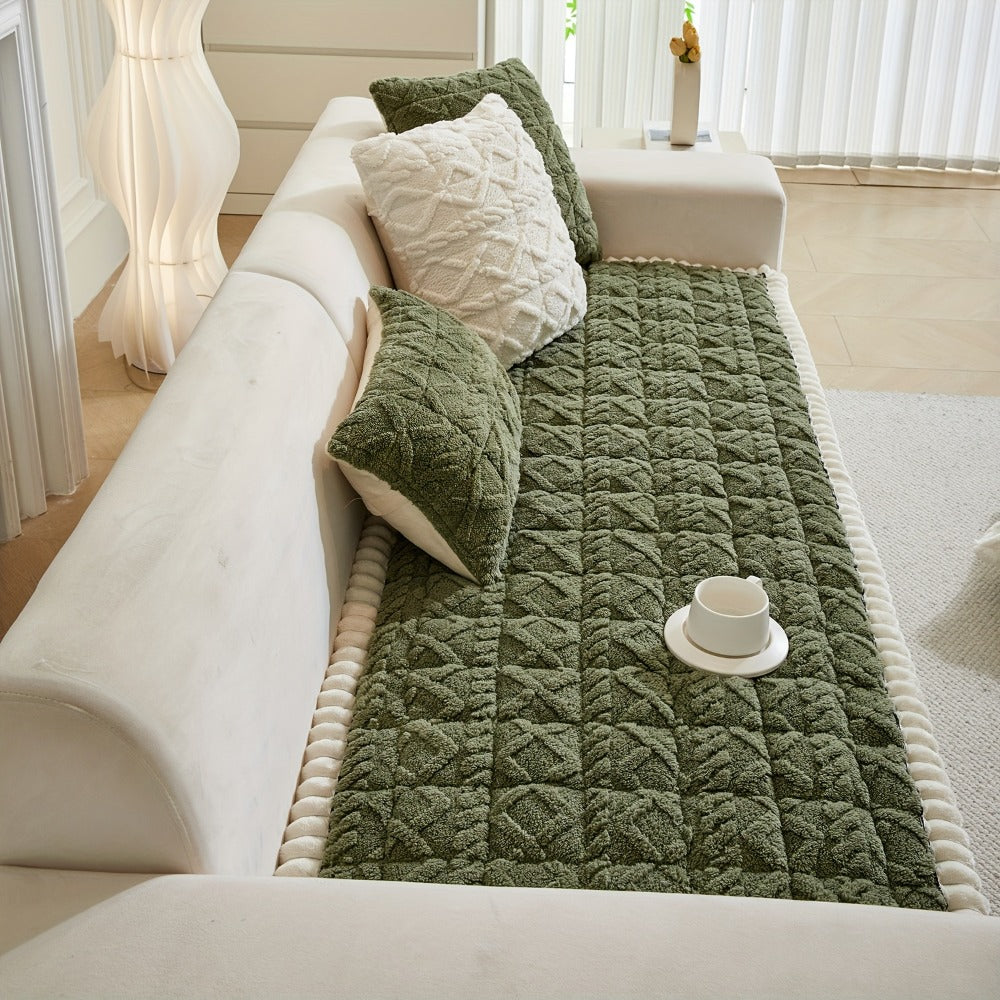 Bohemian Quilted Sofa Cover with Ruffles - 300GSM Shu Velveteen Anti-Slip Pet Friendly Machine Washable Plush Slipcover for Loveseat 3-4 Seater Sectional Sofa, 5 Colors