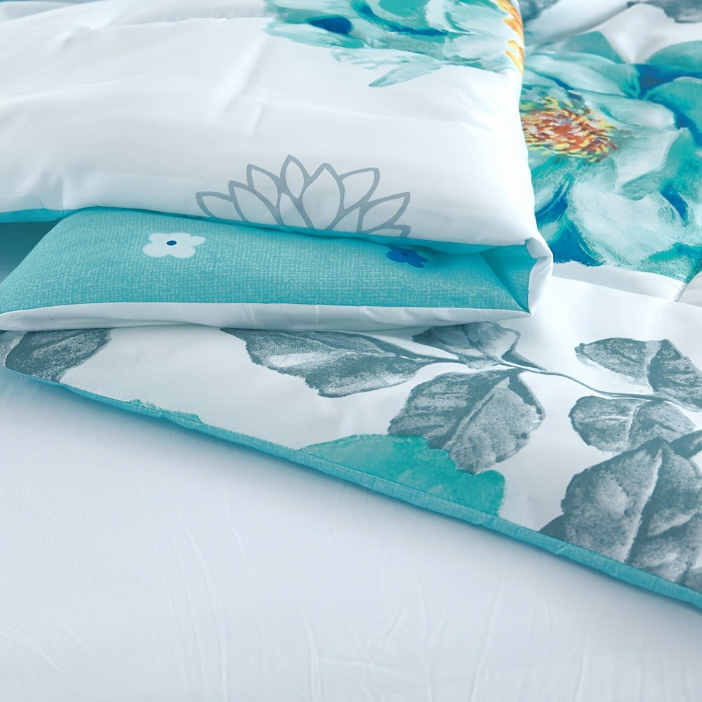 Teal Floral Comforter Set Twin Queen King Gradient Oil Painting Style Botanical Luxury Quilt Bedding Soft Microfiber All Season Bed in a Bag Gift