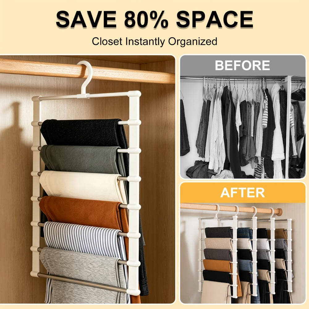 Pants Hangers Foldable Multi-Layer Stainless Steel | Non-Slip Space Saving Closet Organizer for Jeans Leggings Scarves Trousers | 4 or 8 Pack Clothes Rack Hanger