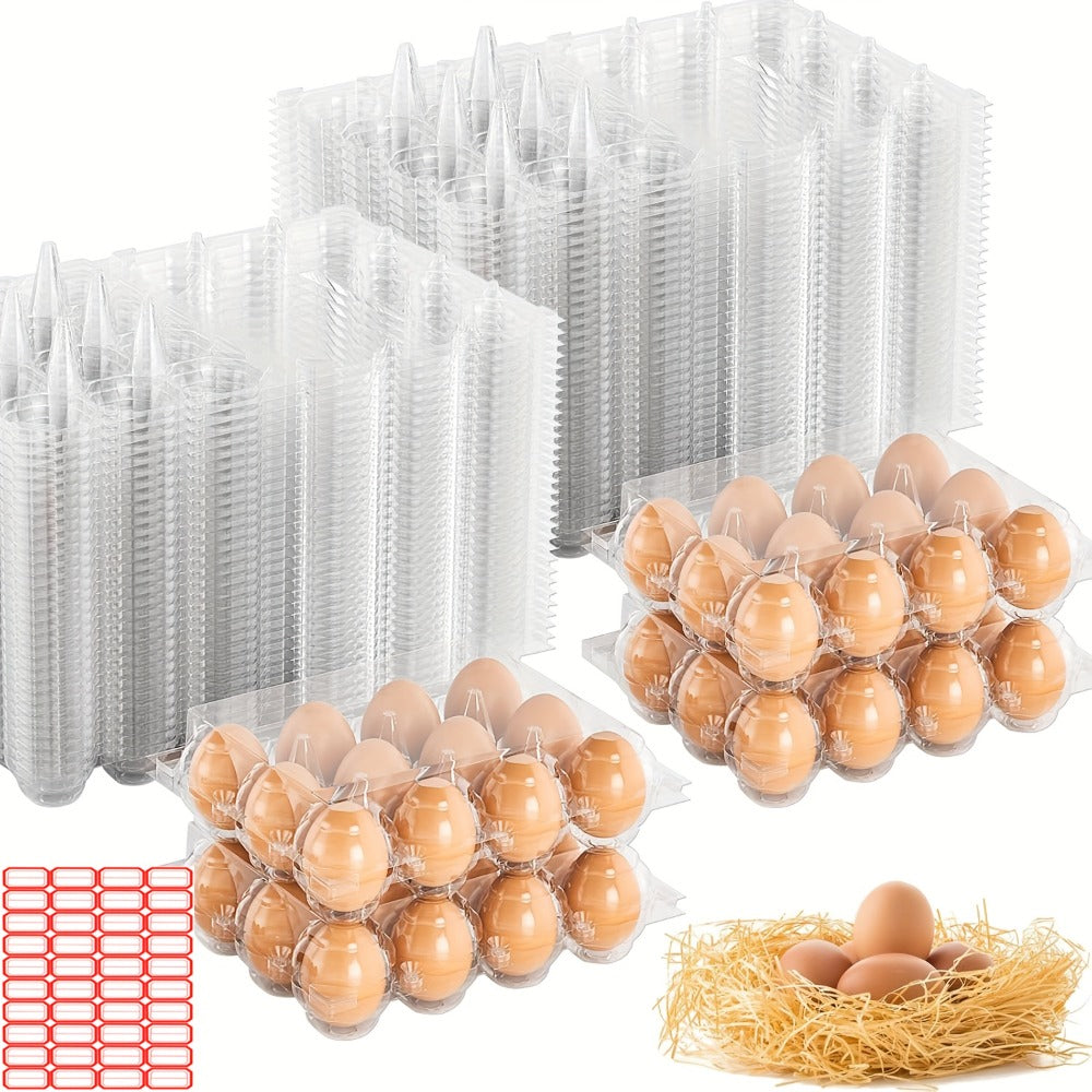 52/104-Pack Clear Plastic Egg Cartons Bulk with Sticker Labels - Reusable 12-Count Egg Containers for Home Farm Market Display