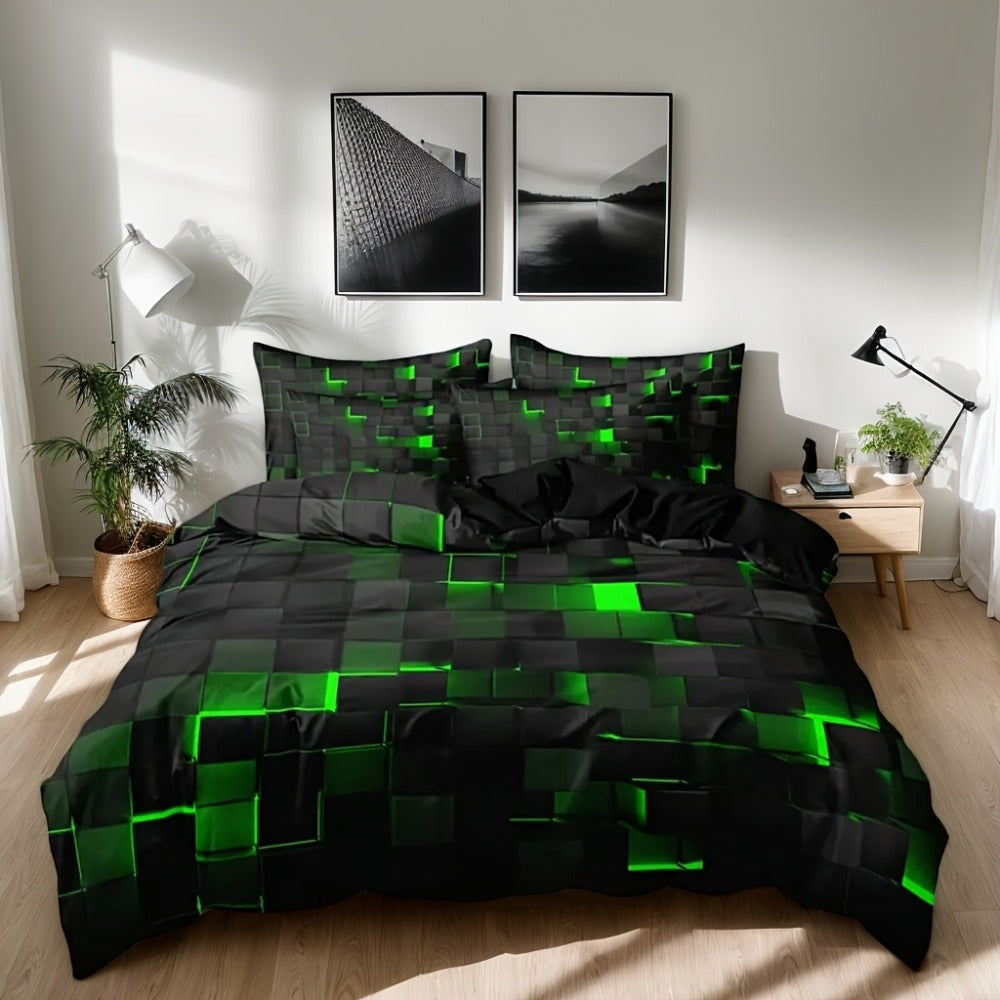 Duvet Cover Set Queen King Twin Full 3D Geometric Cube Print | 3-Piece Polyester Bedding Set | Black Blue Grid Pattern | All-Season Soft Quilt Cover + 2 Pillowcases | Machine Washable