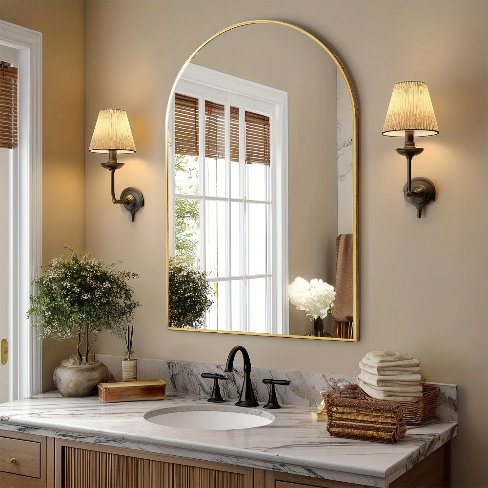 Arched Bathroom Mirror Metal Frame Wall Mounted Vanity Mirror Golden Black
