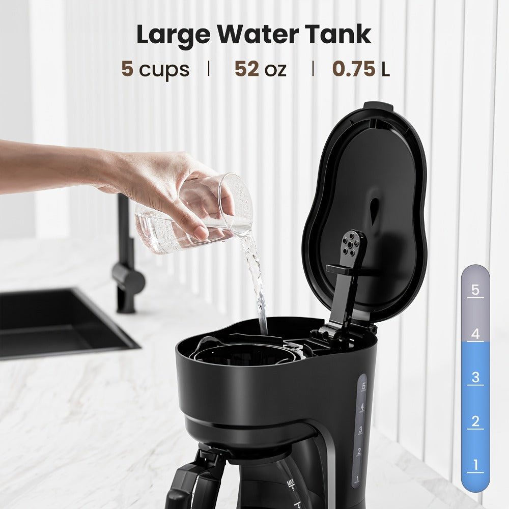 5-Cup Drip Coffee Maker with Coffee Pot, Auto Shut-Off, Anti-Drip & Dry Boil Protection, 25.36oz Water Tank, Compact Small Coffee Machine for Home & Office, Black