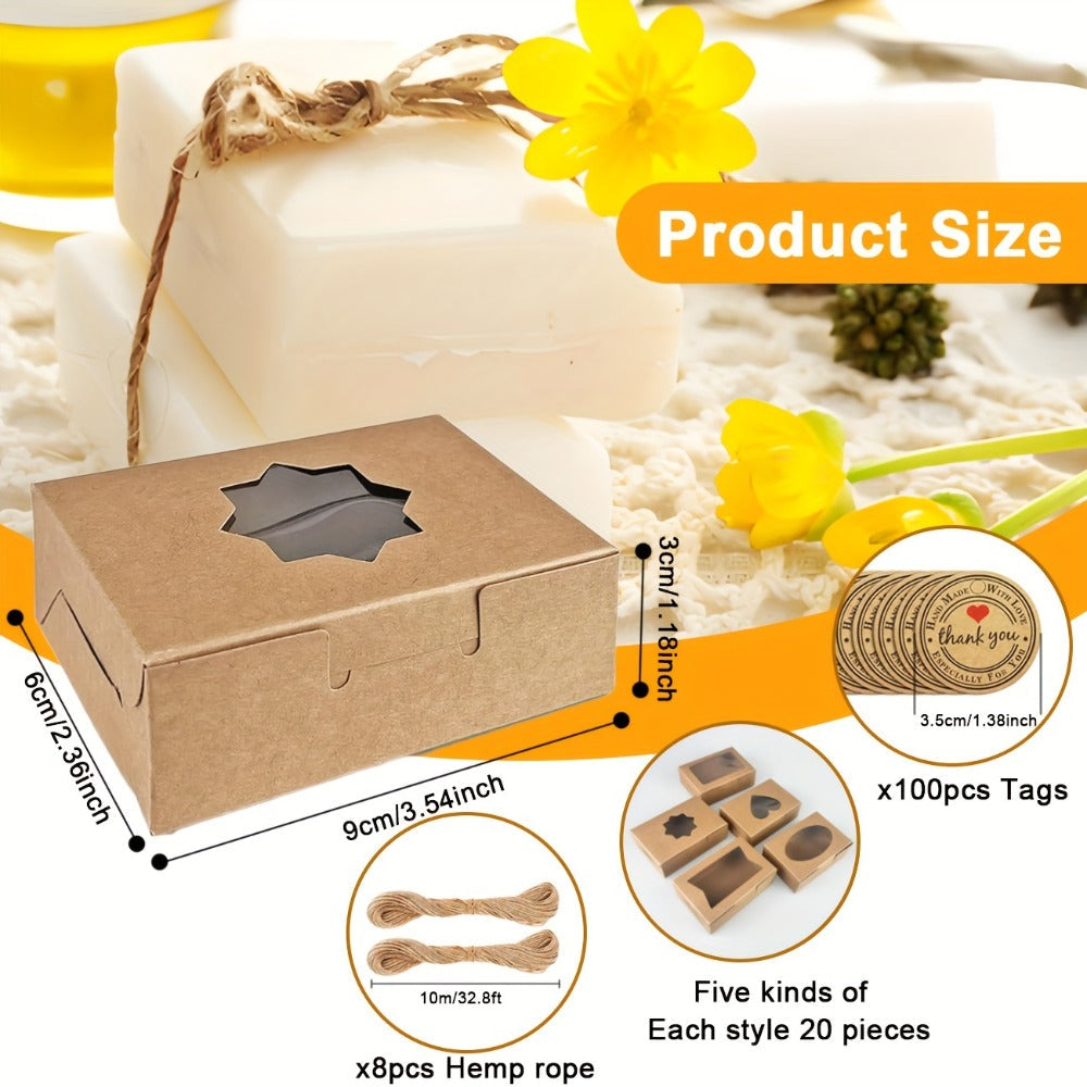 Kraft Soap Boxes with Window 100 Pcs | Small Soap Packaging Boxes for Homemade Soap | Bakery Candy Cookie Gift Box | Kraft Paper Box Packaging Supplies for Small Business