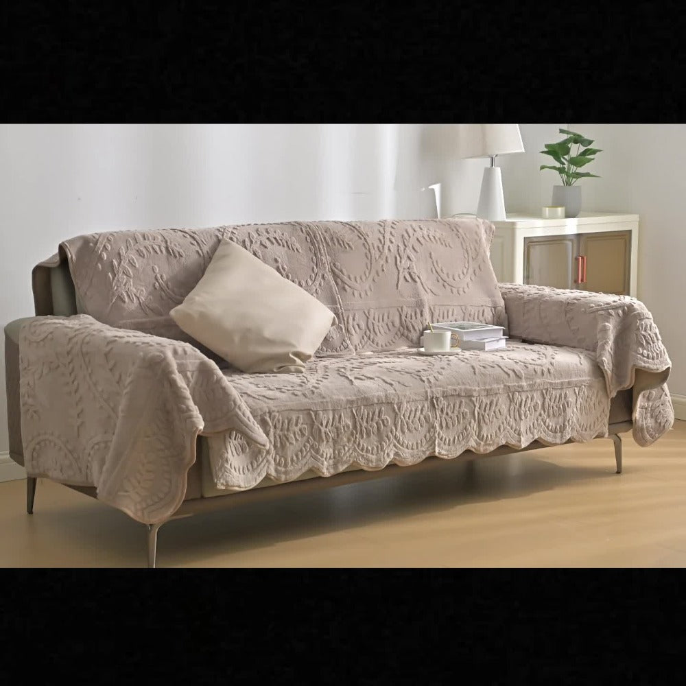 Faux Rabbit Fur Plush Sofa Cover Non-Slip | Thickened Quilted Couch Cushion, Machine Washable Pet Friendly, 1 to 4 Seat Armrest Backrest, White Light Grey Brown, Home Winter Decor