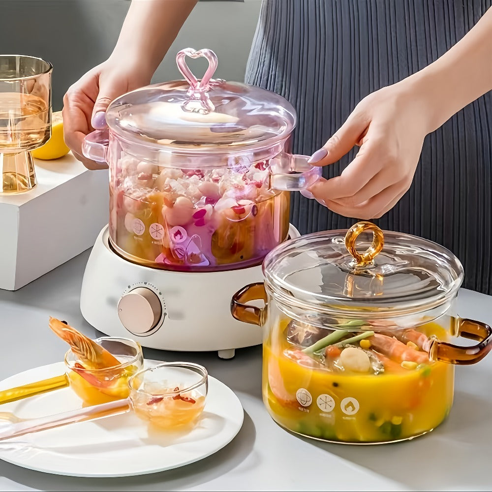Pink Glass Cooking Pot with Heart-Shaped Lid 1500ml - Multifunctional Boiling Stewing Pot for Pasta Soup Congee Noodles Compatible with Electric Ceramic Stove (Pink)