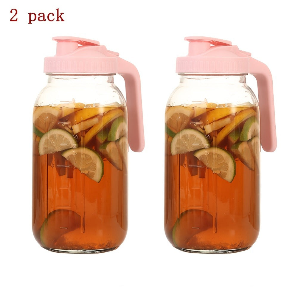 Glass Pitcher 64oz Mason Jar with Lid and Pour Spout - 2 Quart Wide Mouth Leak Proof Glass Jug for Fridge Iced Tea Sun Tea Lemonade and Juice, Creamer Container for Coffee and Breast Milk Storage, Available in 2 or 3 Pack