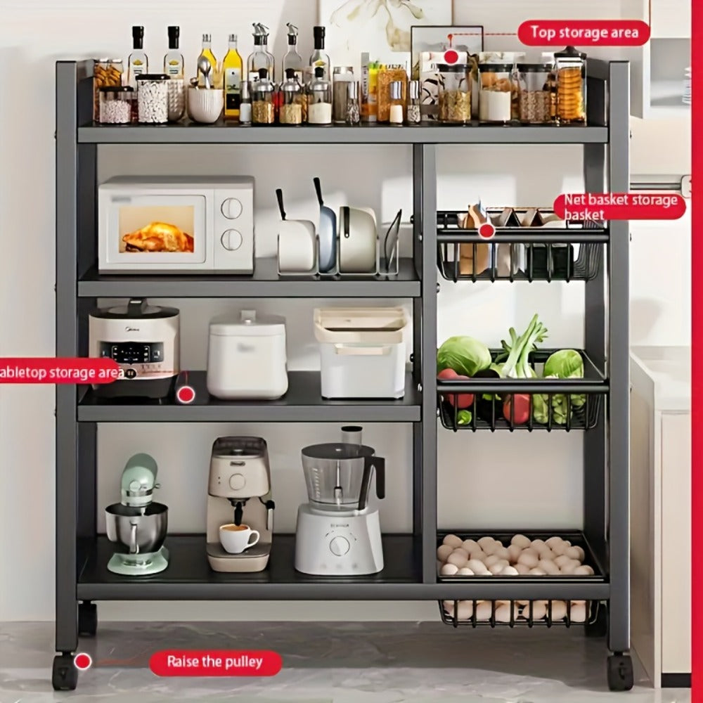 4 Tier Rolling Storage Rack with Wire Baskets Adjustable Metal Shelf on Wheels for Kitchen Pantry Bathroom Garage Closet Organizer