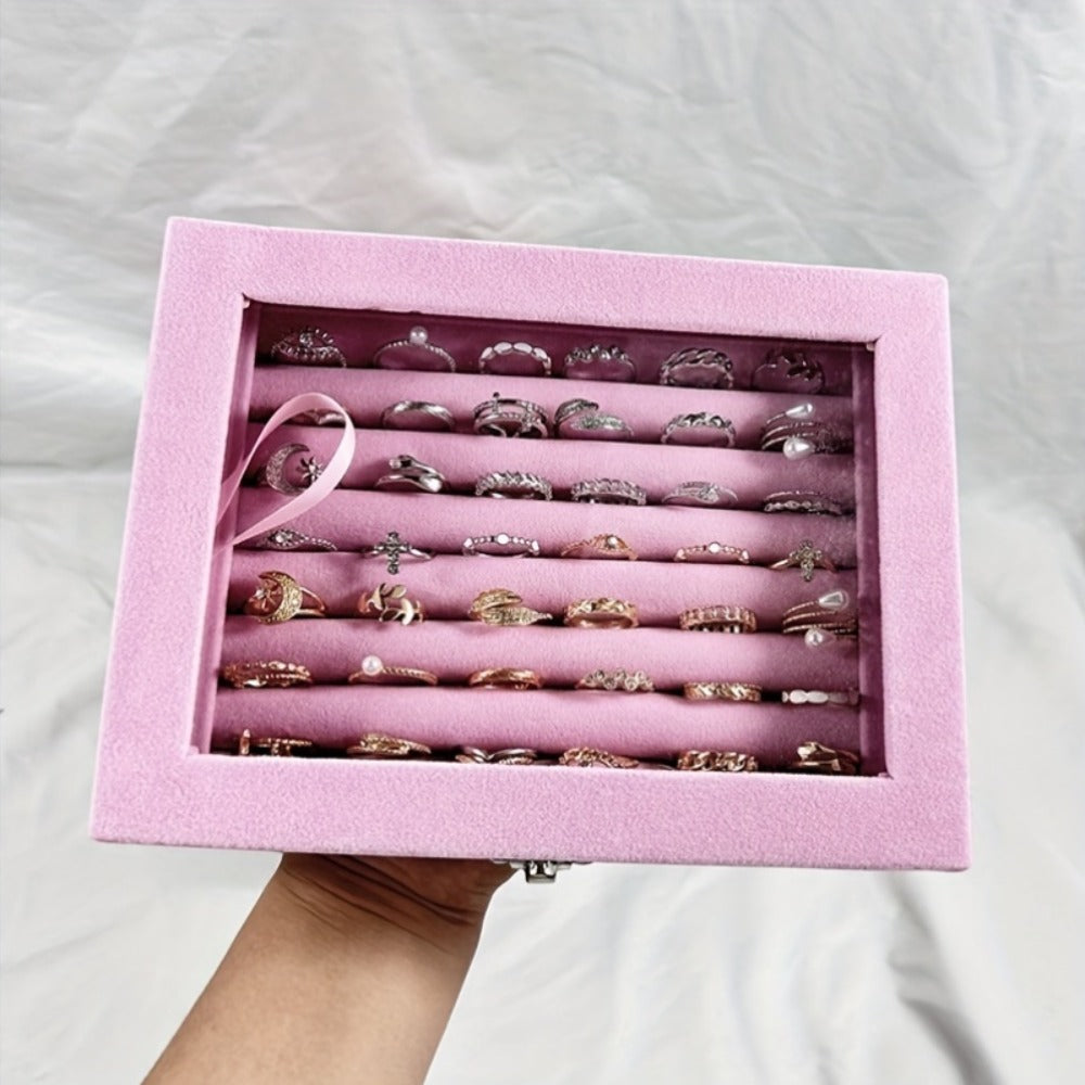 Jewelry Box with Locking Lid ¨C 49-Ring Capacity Glass-Like Plastic Ring & Earring Organizer, Large Rectangular Storage Case, Waterproof Anti-Tarnish, 4 Colors, Holiday Gift