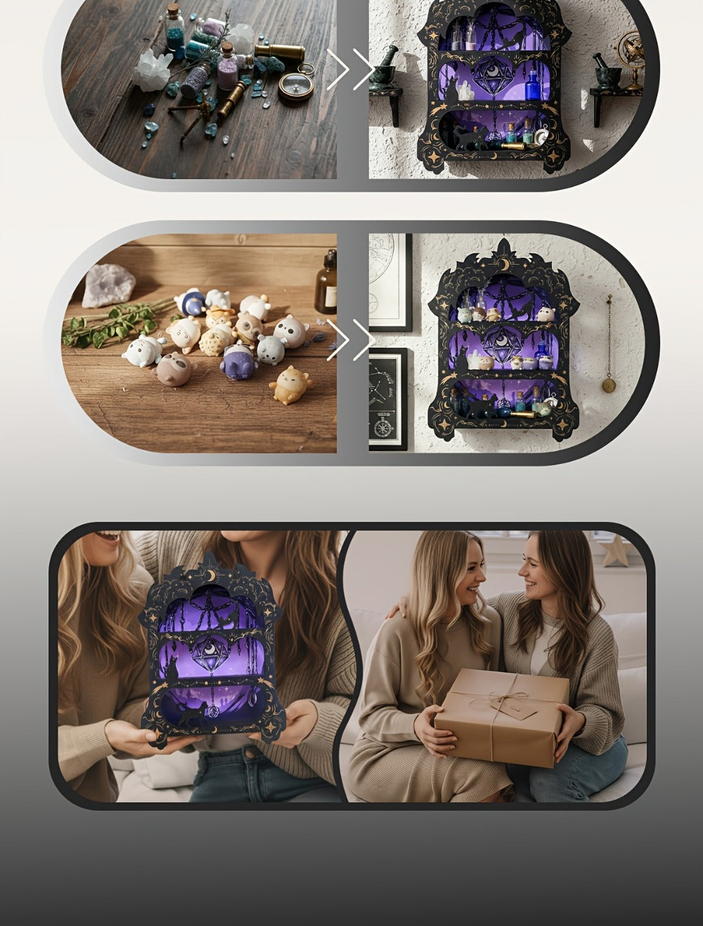 Wooden Floating Shelf for Crystals - Wall Mounted Crystal Display Shelf Rock Gem Stone Storage Organizer Essential Oil Holder Wicca Meditation Spiritual Home Decor Gift