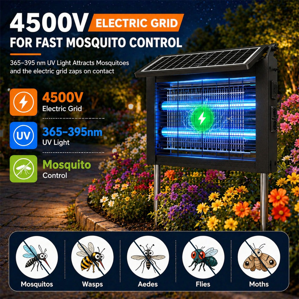 Solar Bug Zapper Outdoor ¨C 4500V Electric Mosquito Killer with Dual Solar Panels & USB Charging, Auto On/Off Light Sensor, IPX4 Waterproof Insect Trap for Patio, Backyard, Garden & Camping