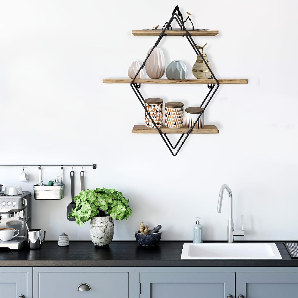 Geometric Diamond Wall Shelf 3-Tier Metal Wire & Wood Floating Shelves | Industrial Style Display Shelf for Living Room Kitchen Bedroom