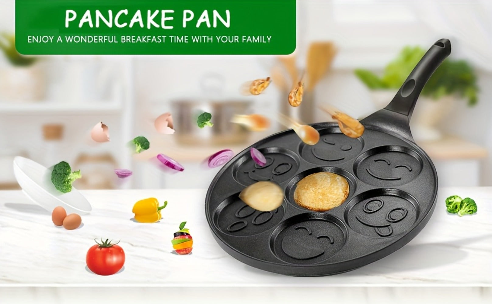 Non-Stick Pancake Pan 7-Hole Smiley Face ¨C Fun Breakfast Egg & Bacon Frying Tray for Kids & Family, Easy to Clean, Mini Pancake Maker Baking Pan Kitchen Cooking Tool