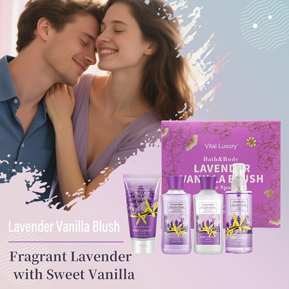 Luxury Bath Gift Set for Women 4pcs Lavender Vanilla Body Care Kit Shower Gel Body Lotion Body Cream Fragrance Mist for Mom Wife Girlfriend All Skin Types