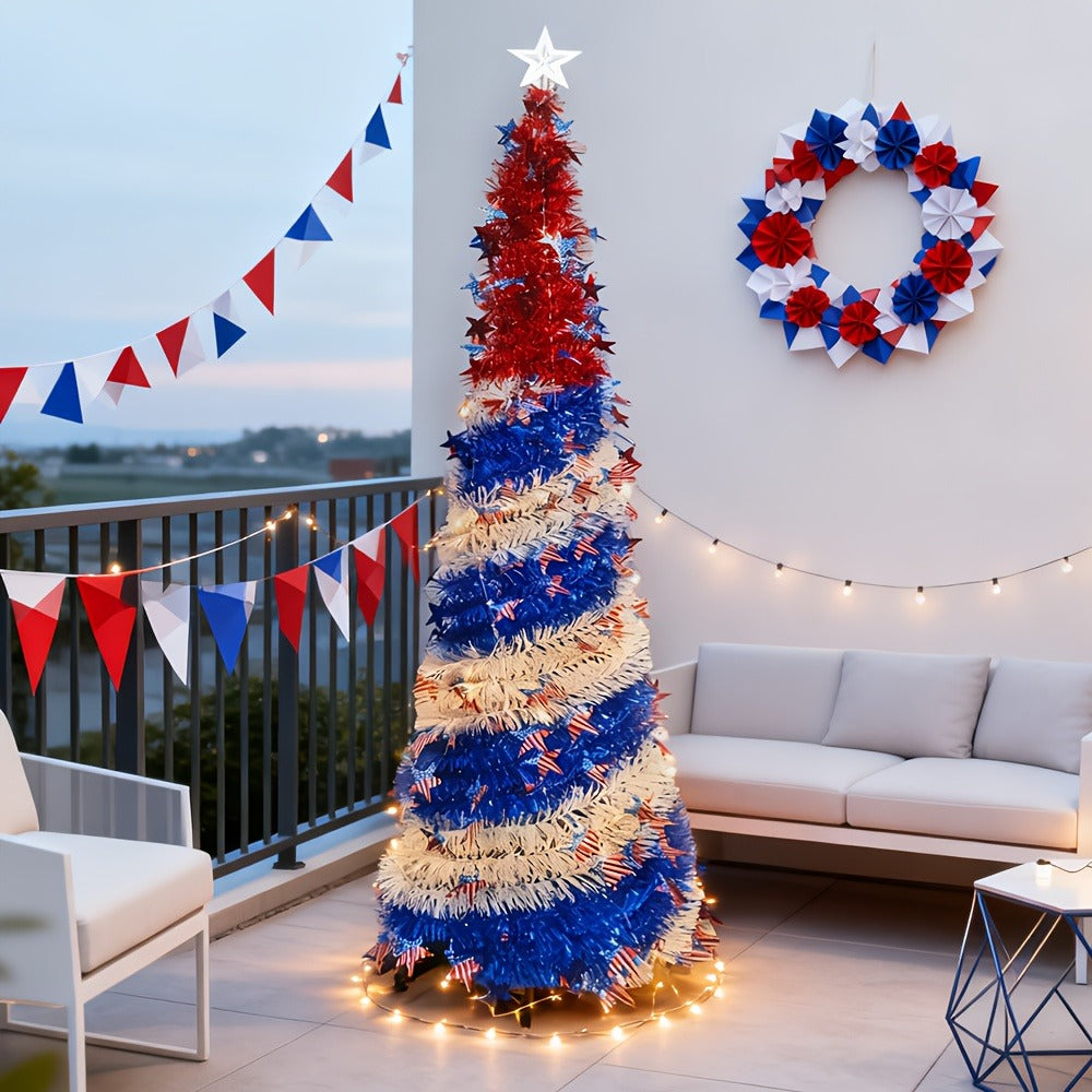 4th of July Patriotic Decoration Tree 5ft ¨C Foldable LED Light String with Red White Blue Stars & Stripes, Independence Day Party Decor, Patriotic Theme Display Tree, Summer Holiday Gift