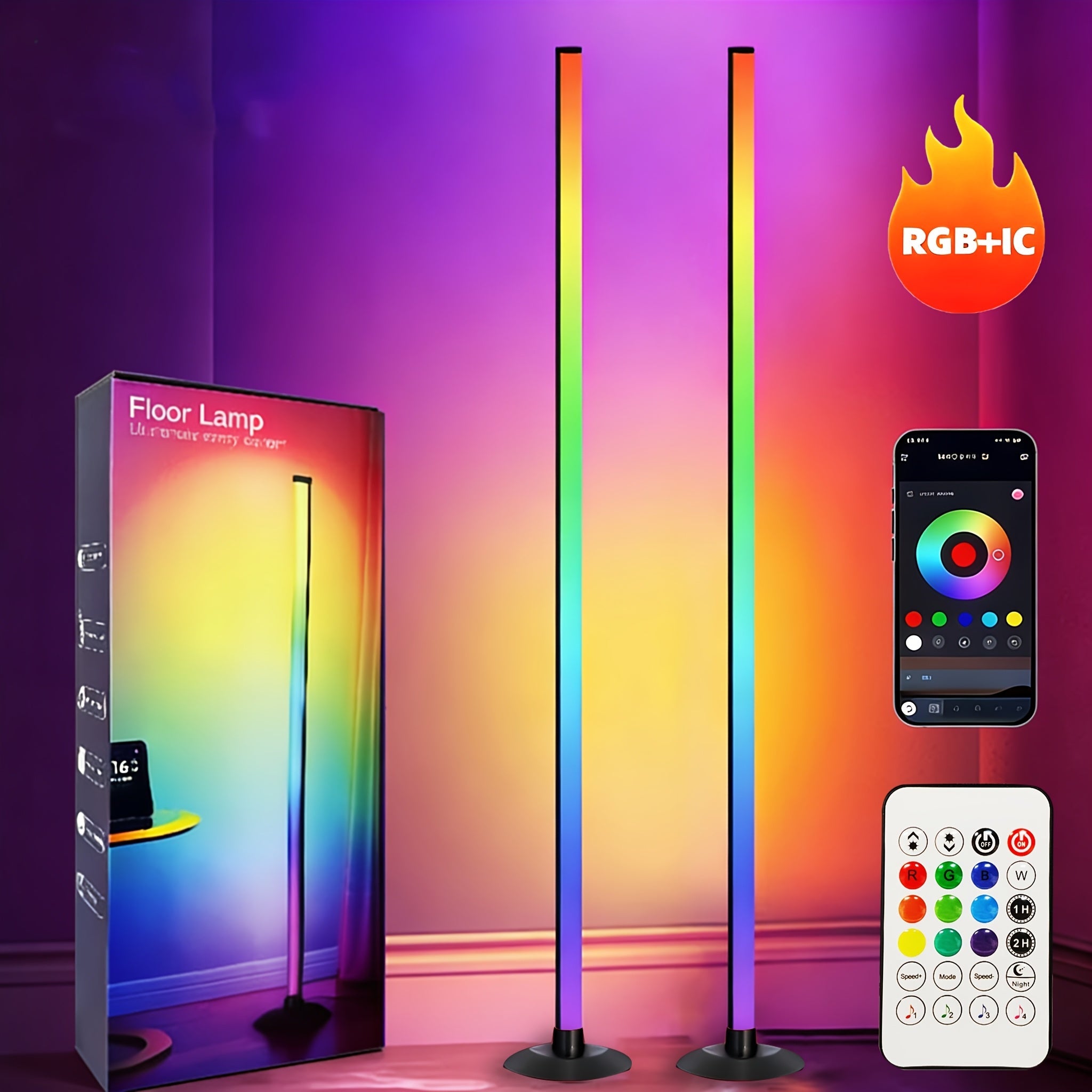 LED Corner Floor Lamp RGB Color Changing - USB Powered Smart Floor Lamp with App & Remote Control, IC+RGBW Music Sync, Dimmable 16 Million Colors Ambient Night Light for Living Room Bedroom Gaming Room