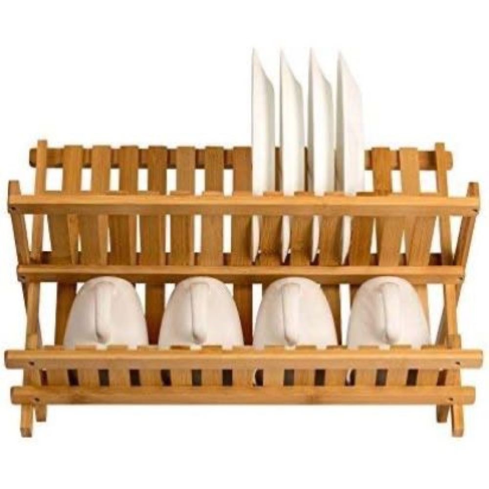 Bamboo Dish Drying Rack 2 Tier ¨C Collapsible Wooden Dish Drainer with 14 Plate Slots, Compact Kitchen Counter Organizer for Dishes, Cups, Knives & Cutting Boards