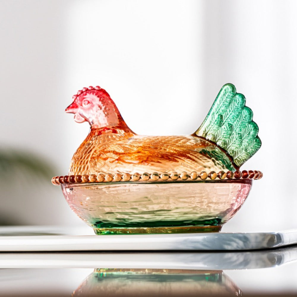 Chicken Shaped Glass Storage Jar with Lid Decorative Pearl Hen Candy Jar Reusable Desktop Organizer for Candy Fruit Snacks Kitchen Counter Home Decor Gift