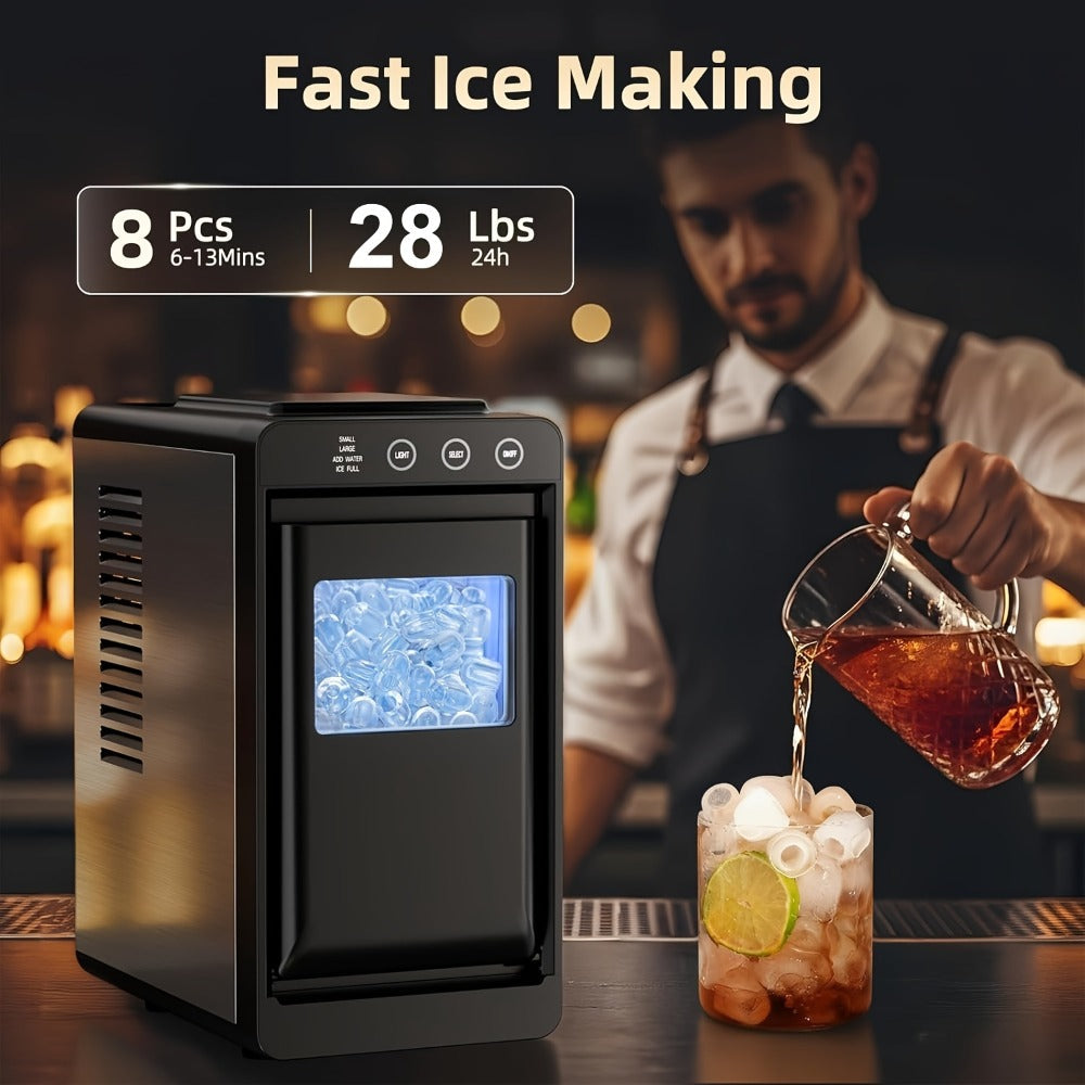 Portable Ice Machine ¨C 28 Lbs/24Hrs, 8 Ice Cubes in 6 Mins, Self-Cleaning, Quiet Compact Countertop Ice Maker with 27oz Tank, 1.1lb Storage Basket & Scoop for Home, Kitchen, Camping & RV