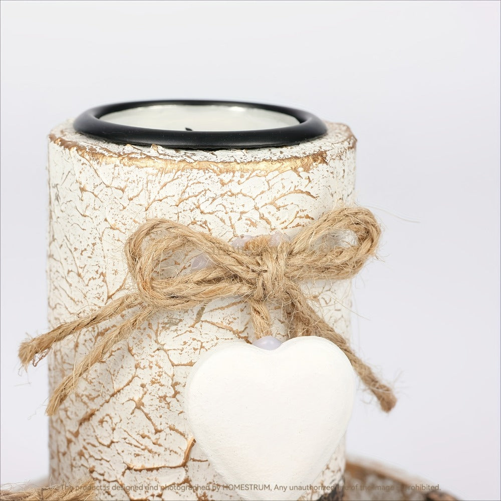 Wooden Candle Holder Set of 4 ¨C Love Heart Tray, Tea Light Holder, Knot Bow Decoration & Decorative Stone Bowl for Home Decor, Valentine's Day, Christmas & Easter Gift