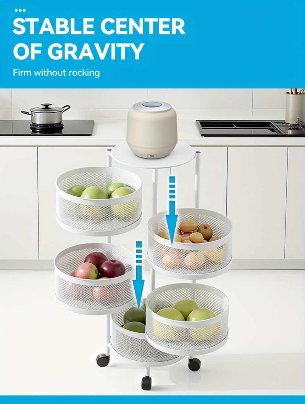 Rotating Storage Rack Multi-Tier Rolling Cart ¨C 360¡ã Swivel Round Floor Standing Organizer with 4 or 5 Layers, Vegetable Basket & File Rack for Kitchen, Bathroom, Office & Living Room (Black / White)