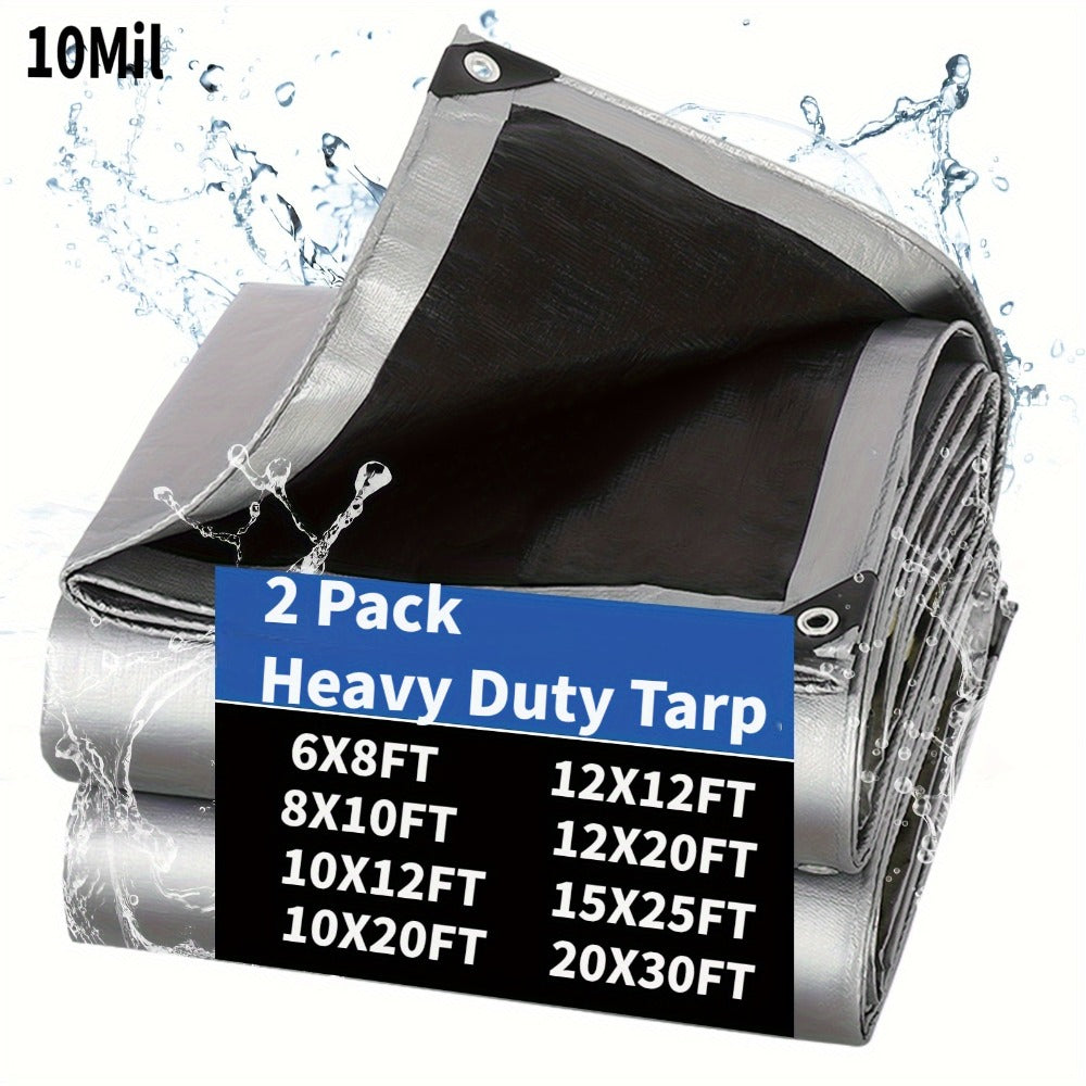 Heavy Duty Waterproof Tarp 2-Pack 10Mil 150GSM Black Silver ¨C Tear-Proof Polyethylene Cover with Reinforced Grommets for Roof Pool Boat Car Camping & Outdoor