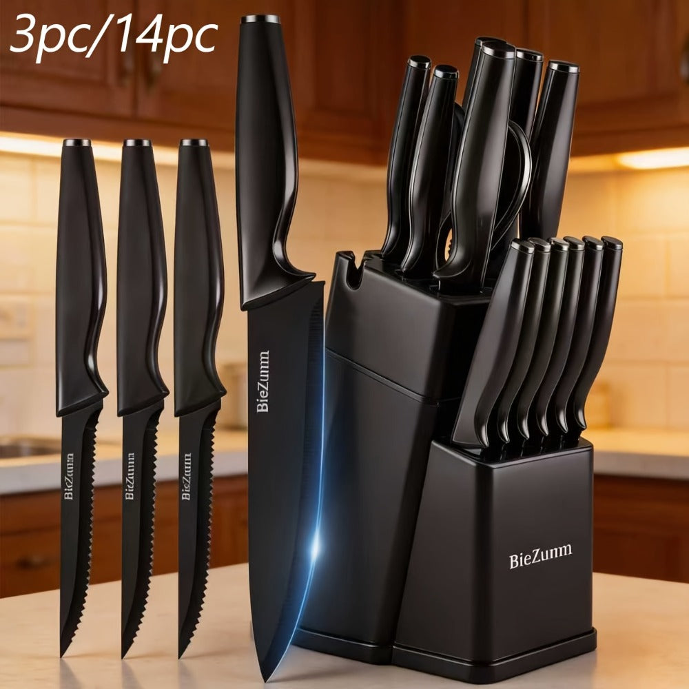 Kitchen Knife Set ¨C 3-Piece & 14-Piece Multi-Purpose Chef¡¯s Knife, Steak Knife, Fruit Knife & Scissors with Storage Block, Black
