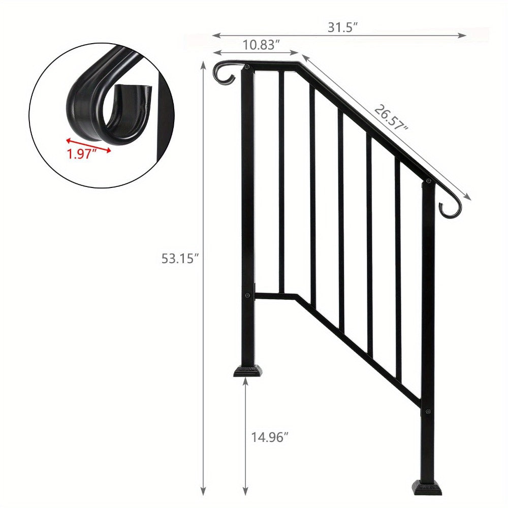 Wrought Iron Stair Handrail for 2-3 Steps - Matte Black & White Powder Coated Iron Picket Railing with Stainless Steel Post Mounts, Indoor Outdoor Home Safety Grab Bar & Accessibility Rail