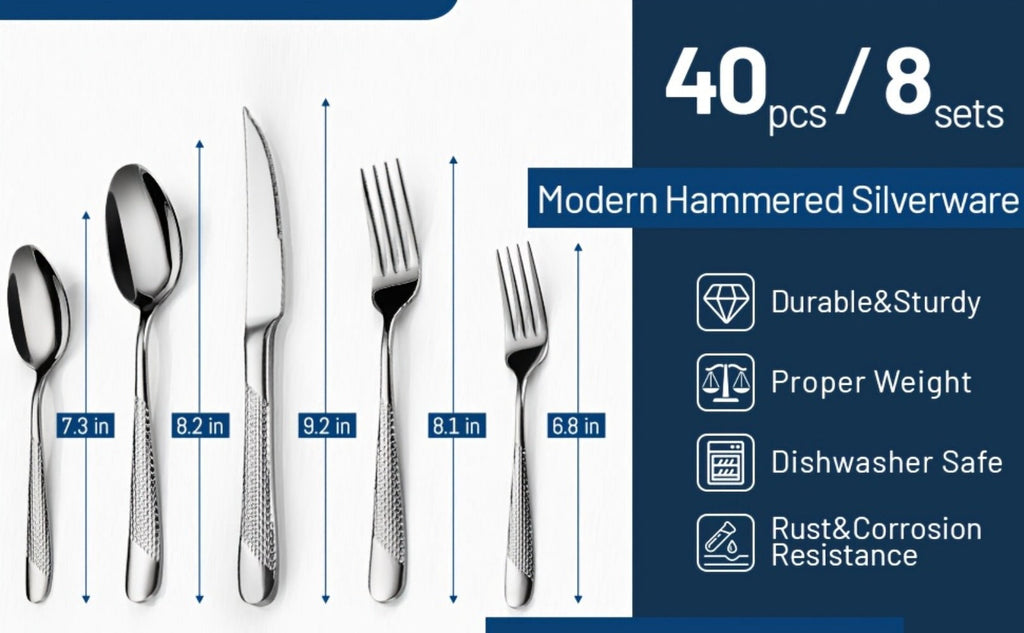 Stainless Steel Flatware Set 40/48 Piece ¨C 304 Silverware Set for 8 Hammered Mirror Polished Rose Gold Cutlery with 2-in-1 Serrated Knife Dishwasher Safe Modern Utensils for Home Restaurant Wedding