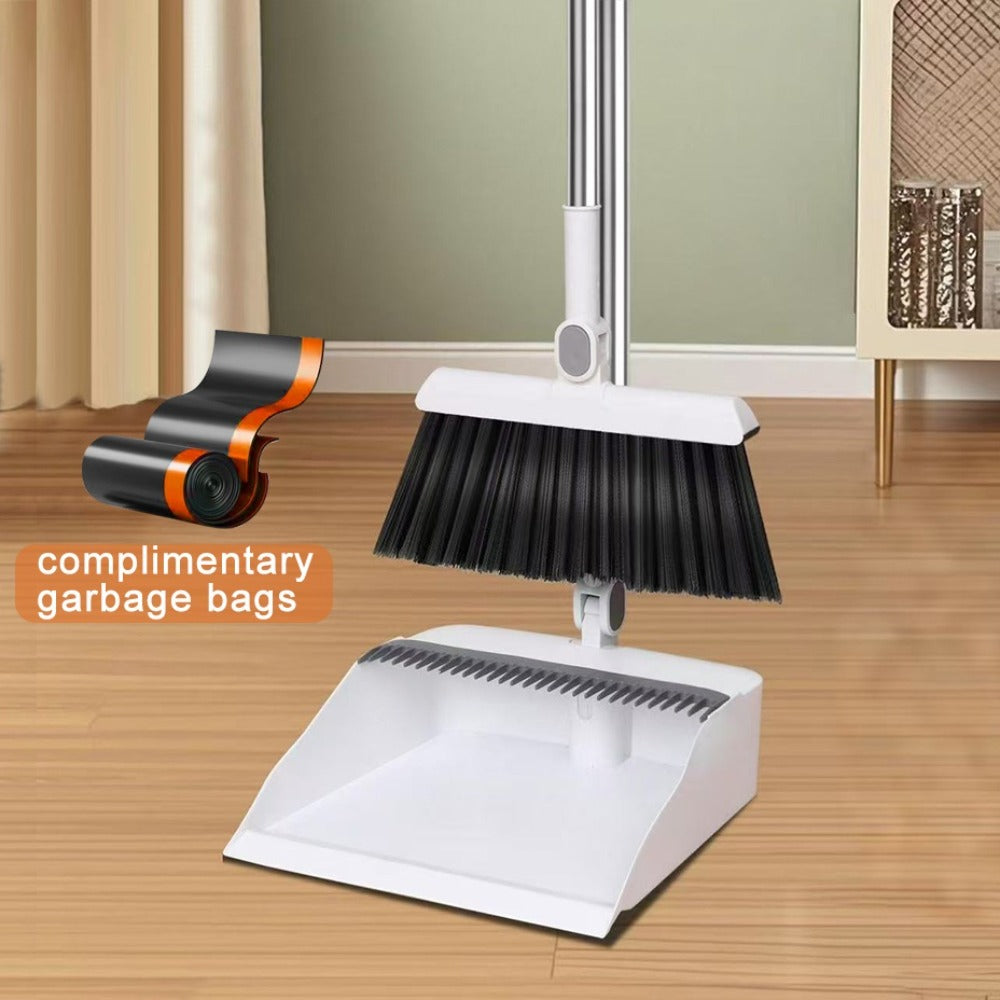 3-in-1 Magnetic Broom Dustpan and Garbage Bag Set Rotatable Foldable Soft Bristle Non-Stick Pet Hair Broom for Hard Floors Space Saving Living Room Bedroom Bathroom Outdoor White Orange